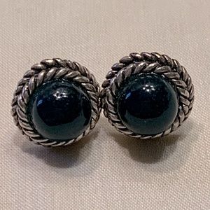 CFJ Thailand Designer Signed Sterling Silver 925 Onyx Stud Ribbed Edge Earrings